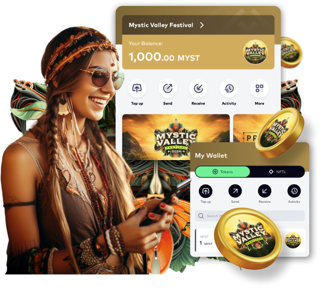 A woman dressing in Bohemian style, wearing a sunglasses, smiling to the mobile phone, using Freedom World application as the main application using on the Mystic Valley Festival 2024. With the user interface of the Freedom World application on the Mystic Valley community page, having MYST tokens - the utility tokens of the festival.